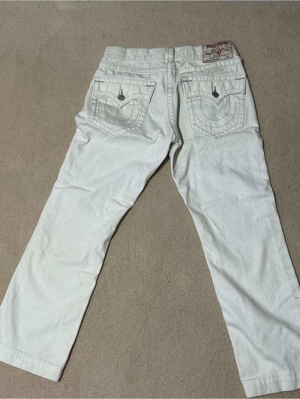 True Religion Men's White Straight Jeans with Signature Back Pockets
